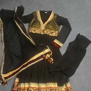 Elegant Black and Gold Women's Net anarkali long Dress